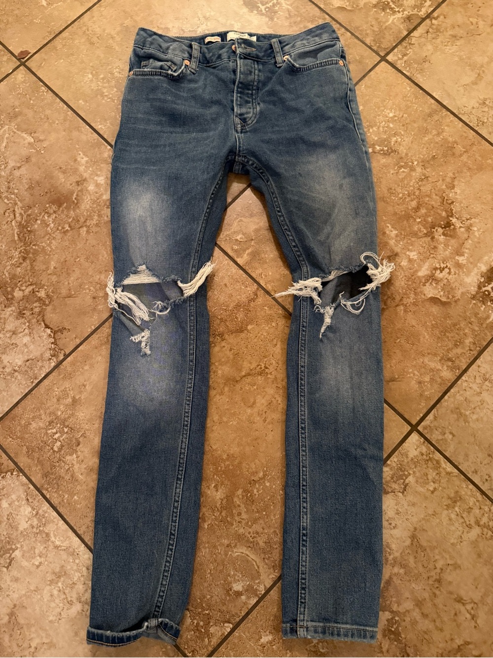 Topman Ripped Skinny Jeans in Medium Blue